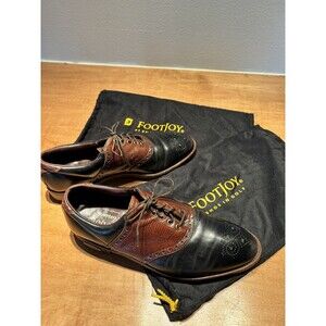 VTG Footjoy Classics 9.5 C Black/Brown Leather Wingtip Spiked Golf Shoes EUC